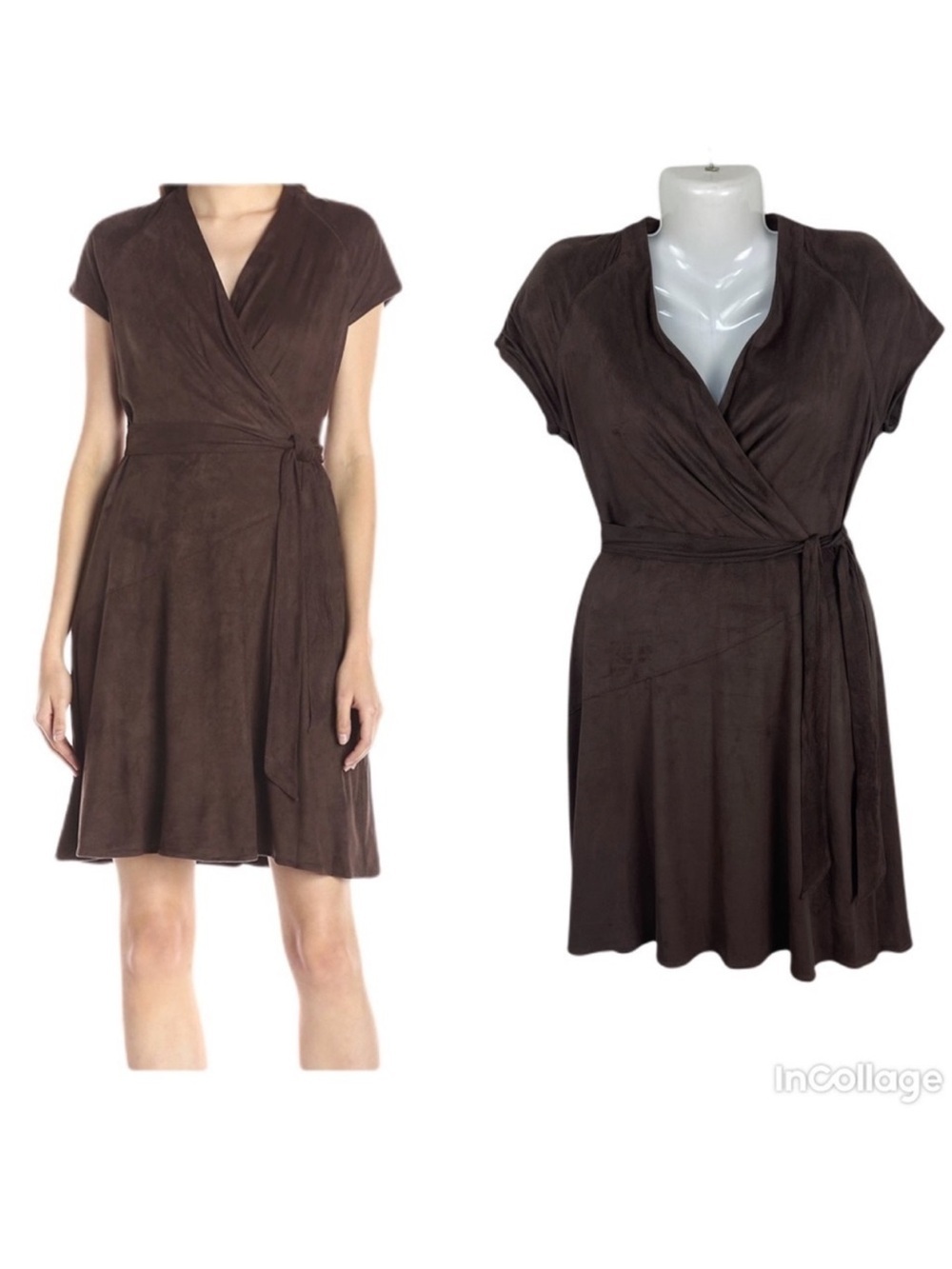 ✅ Ellen Tracy Brown Faux Suede Surplice Sheath Dress size 2